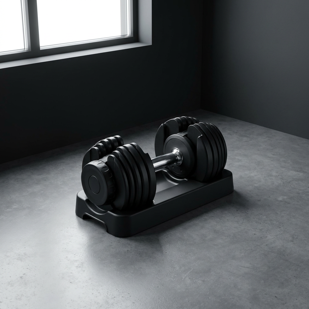 AXV Shift adjustable dumbbell set stored in a dark room