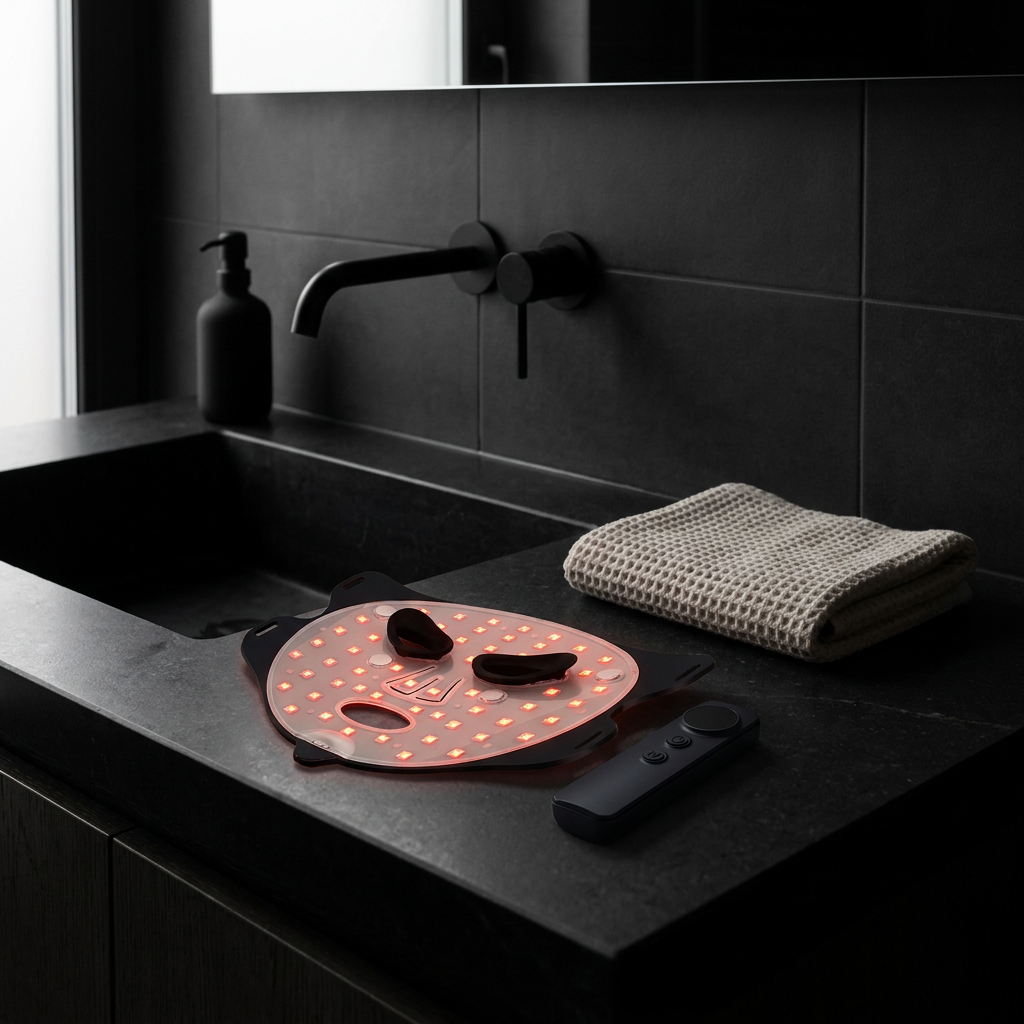 AXV Lumen mask on a dark stone bathroom counter