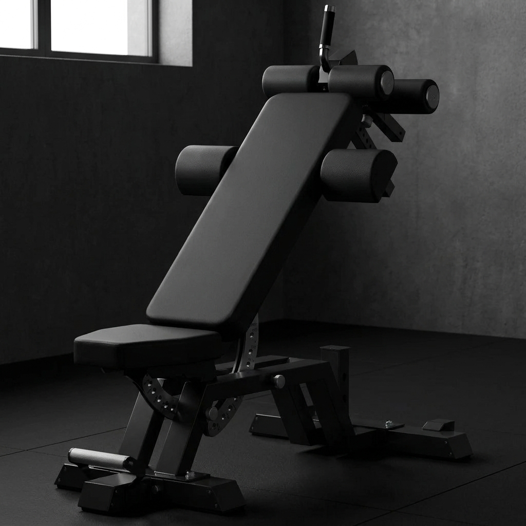 AXV Anvil adjustable weight bench set to incline in a dark home gym