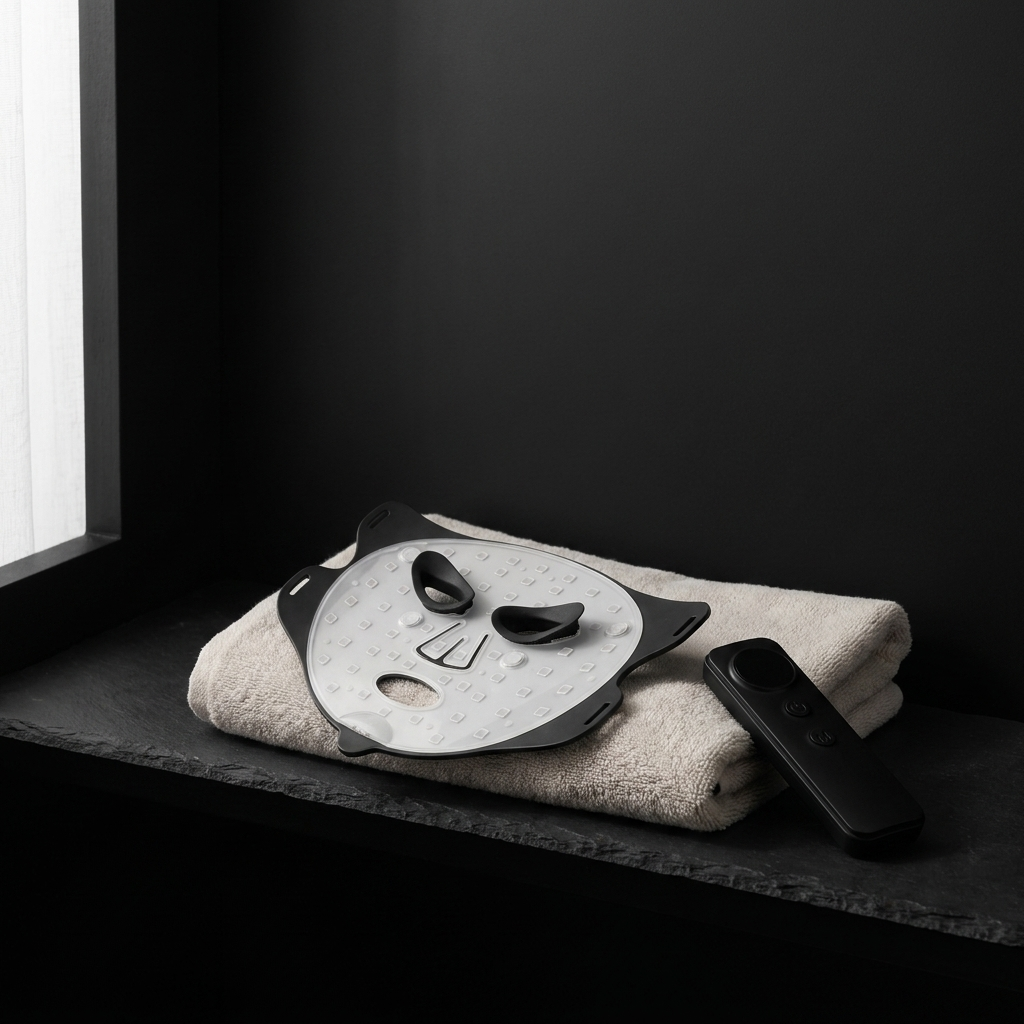 AXV Lumen mask resting on a folded towel in a recovery corner
