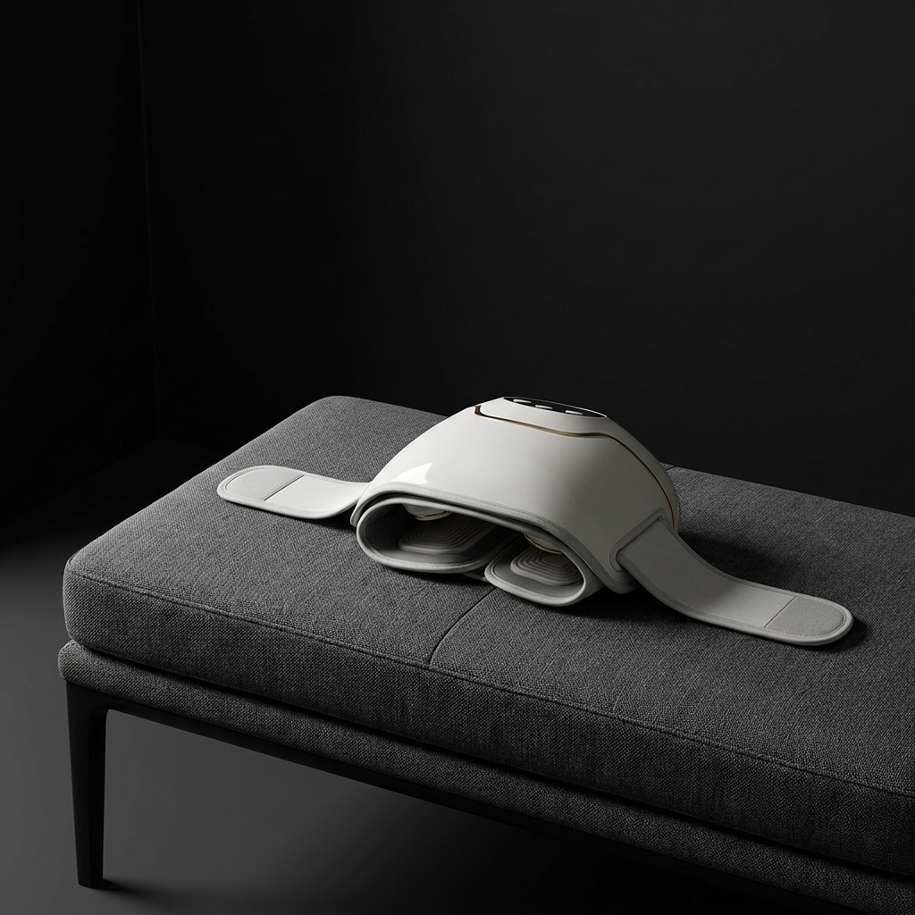 AXV Ember knee massager wrap open on a charcoal bench