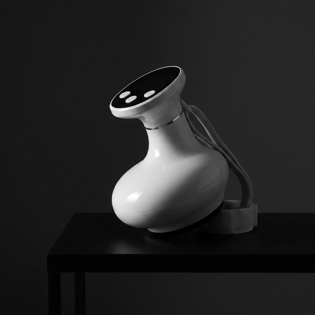 AXV Ember knee massager wrap propped on a matte black side table