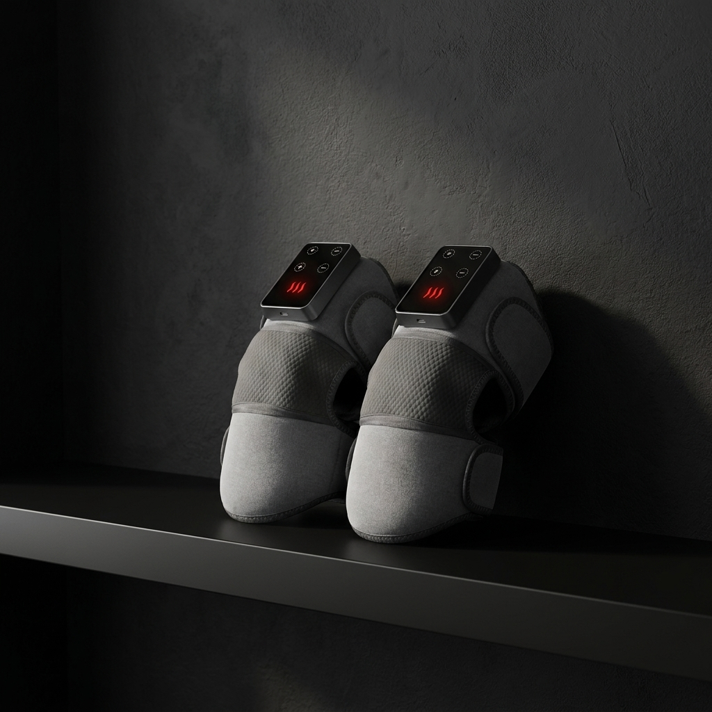 AXV Flow massager on a matte black shelf against a charcoal wall